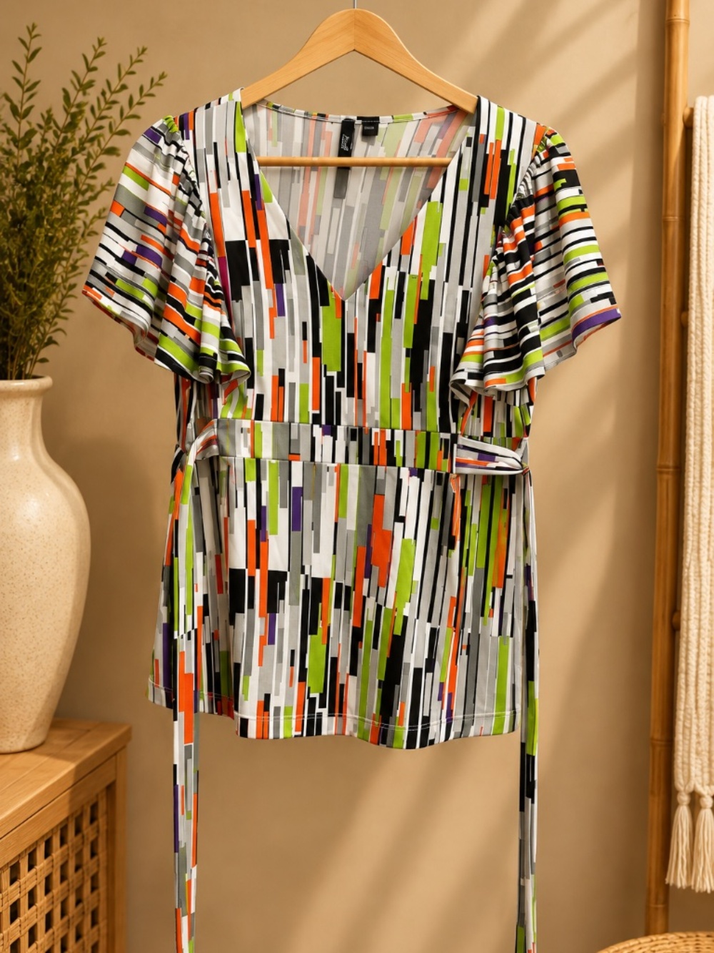 Multicolor Geometric Print Wrap Top Flutter Sleeve Tie Waist Blouse